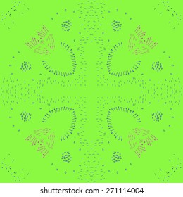Circular pattern of floral motif, doodles, stamens. Hand drawn.