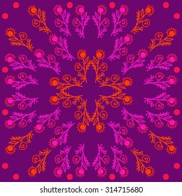 Circular   pattern of  floral motif,  doodles,  branches, ellipses, spirals . Hand drawn.