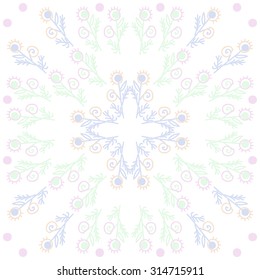Circular   pattern of  floral motif,  doodles,  branches, ellipses, spirals . Hand drawn.
