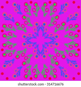 Circular   pattern of  floral motif,  doodles,  branches, ellipses, spirals . Hand drawn.