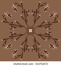 Circular   pattern of  floral motif,  doodles,  branches, ellipses,butterflies . Hand drawn.