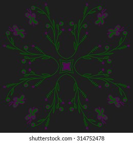 Circular   pattern of  floral motif,  doodles,  branches, ellipses,butterflies . Hand drawn.
