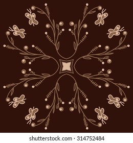 Circular   pattern of  floral motif,  doodles,  branches, ellipses,butterflies . Hand drawn.