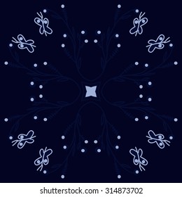 Circular   pattern of  floral motif,  doodles,  branches, ellipses,butterflies . Hand drawn.