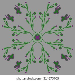 Circular   pattern of  floral motif,  doodles,  branches, ellipses,butterflies . Hand drawn.