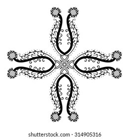 Circular   pattern of  floral motif,  doodles, , ellipses, spirals, cross, copy space . Hand drawn.