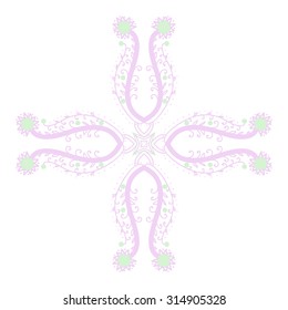Circular   pattern of  floral motif,  doodles, , ellipses, spirals, cross, copy space . Hand drawn.