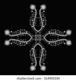 Circular   pattern of  floral motif,  doodles, , ellipses, spirals, cross, copy space . Hand drawn.