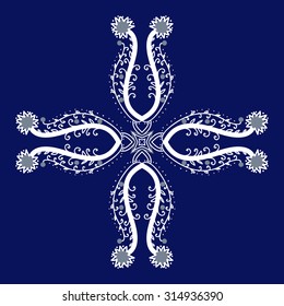 Circular   pattern of  floral motif,  doodles, , ellipses, spirals, cross, copy space . Hand drawn.