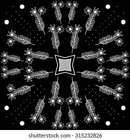 Circular   pattern of  floral motif,  doodles,  spirals, ellipses, branches, stars,flowers . Hand drawn.