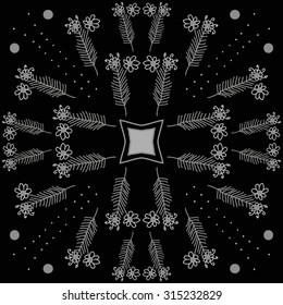 Circular   pattern of  floral motif,  doodles,  spirals, ellipses, branches, stars,flowers . Hand drawn.