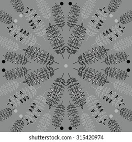 Circular   pattern of  floral motif,  doodles, leaves, ellipses, branches,  spots . Hand drawn.