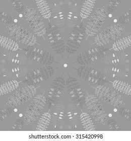 Circular   pattern of  floral motif,  doodles, leaves, ellipses, branches,  spots . Hand drawn.