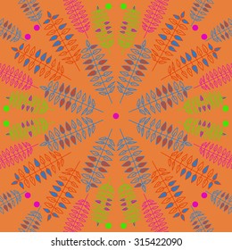 Circular   pattern of  floral motif,  doodles, leaves, ellipses, branches,  spots . Hand drawn.