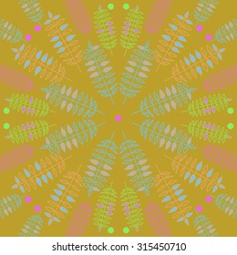 Circular   pattern of  floral motif,  doodles, leaves, ellipses, branches,  spots . Hand drawn.