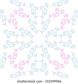 Circular  pattern of  floral motif,  doodles,   branches, stripes, ellipses, leaves . Hand drawn.