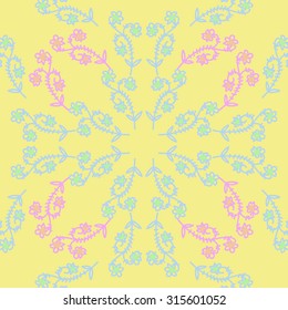 Circular  pattern of  floral motif,  doodles,   branches, stripes, ellipses, leaves . Hand drawn.