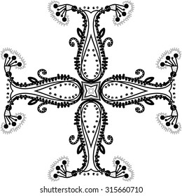 Circular  pattern of  floral motif,  doodles,   branches, stripes, ellipses, leaves, spirals, stars, cross . Hand drawn.