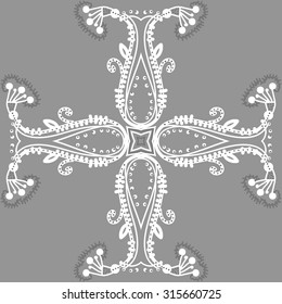 Circular  pattern of  floral motif,  doodles,   branches, stripes, ellipses, leaves, spirals, stars, cross . Hand drawn.