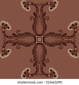 Circular  pattern of  floral motif,  doodles,   branches, stripes, ellipses, leaves, spirals, stars, cross . Hand drawn.