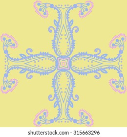 Circular  pattern of  floral motif,  doodles,   branches, stripes, ellipses, leaves, spirals, stars, cross . Hand drawn.