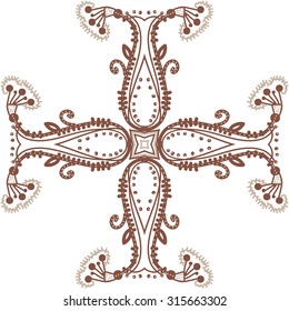 Circular  pattern of  floral motif,  doodles,   branches, stripes, ellipses, leaves, spirals, stars, cross . Hand drawn.