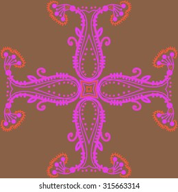 Circular  pattern of  floral motif,  doodles,   branches, stripes, ellipses, leaves, spirals, stars, cross . Hand drawn.