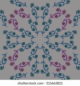 Circular  pattern of  floral motif,  doodles,   branches, stripes, ellipses, leaves . Hand drawn.