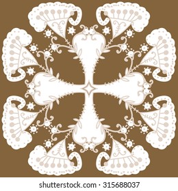 Circular  pattern of  floral motif,  doodles,   branches,  ellipses, leaves, spirals, stars, cross . Hand drawn.