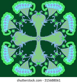 Circular  pattern of  floral motif,  doodles,   branches,  ellipses, leaves, spirals, stars, cross . Hand drawn.