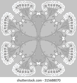 Circular  pattern of  floral motif,  doodles,   branches,  ellipses, leaves, spirals, stars, cross . Hand drawn.