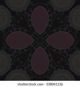 Circular   pattern  of floral  motif, doodles,  spirals,ellipses, branches, waves. Hand drawn.