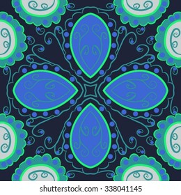 Circular   pattern  of floral  motif, doodles,  spirals,ellipses, branches, waves. Hand drawn.