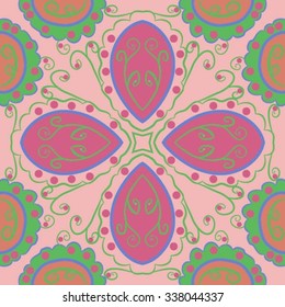 Circular   pattern  of floral  motif, doodles,  spirals,ellipses, branches, waves. Hand drawn.