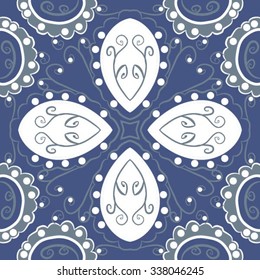 Circular   pattern  of floral  motif, doodles,  spirals,ellipses, branches, waves. Hand drawn.