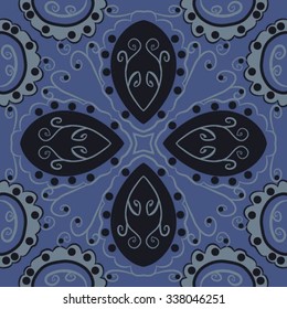 Circular   pattern  of floral  motif, doodles,  spirals,ellipses, branches, waves. Hand drawn.