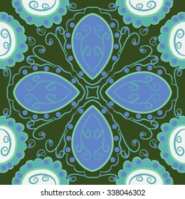 Circular   pattern  of floral  motif, doodles,  spirals,ellipses, branches, waves. Hand drawn.