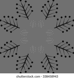 Circular   pattern  of floral  motif, doodles, twigs,  ellipses, branches. Hand drawn.