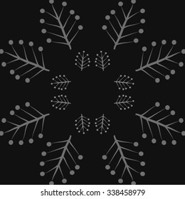 Circular   pattern  of floral  motif, doodles, twigs,  ellipses, branches. Hand drawn.