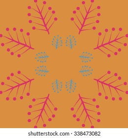 Circular   pattern  of floral  motif, doodles, twigs,  ellipses, branches. Hand drawn.