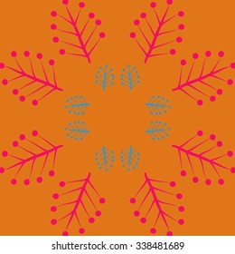 Circular   pattern  of floral  motif, doodles, twigs,  ellipses, branches. Hand drawn.