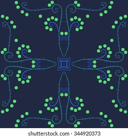 Circular pattern  of floral  motif, doodles, branches, ellipses, spirals, stars. Hand drawn.