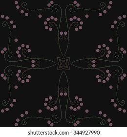 Circular pattern  of floral  motif, doodles, branches, ellipses, spirals, stars. Hand drawn.