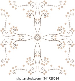 Circular pattern  of floral  motif, doodles, branches, ellipses, spirals, stars. Hand drawn.