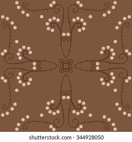 Circular pattern  of floral  motif, doodles, branches, ellipses, spirals, stars. Hand drawn.