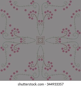 Circular pattern  of floral  motif, doodles, branches, ellipses, spirals, stars. Hand drawn.