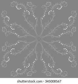 Circular pattern  of floral  motif, doodles, branches, ellipses, spirals, leaves. Hand drawn.