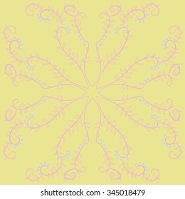 Circular pattern  of floral  motif, doodles, branches, ellipses, spirals, leaves. Hand drawn.
