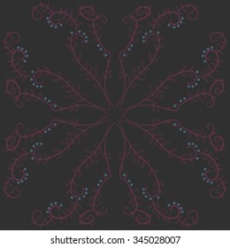 Circular pattern  of floral  motif, doodles, branches, ellipses, spirals, leaves. Hand drawn.