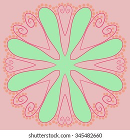 Circular pattern  of floral  motif, doodles, branches, ellipses, spirals, stylized flower. Hand drawn.